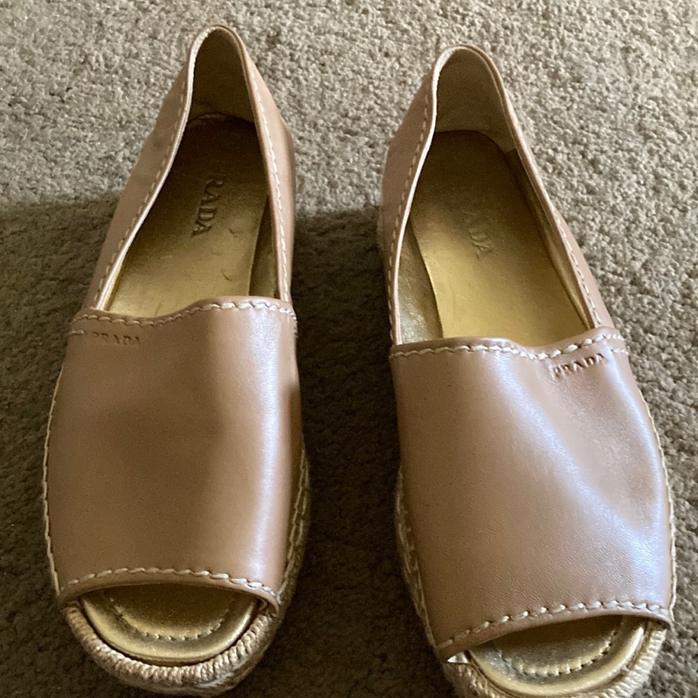 Prada Tan Nappa Leather Peep Toe Espadrille Platforms size 39 1/2